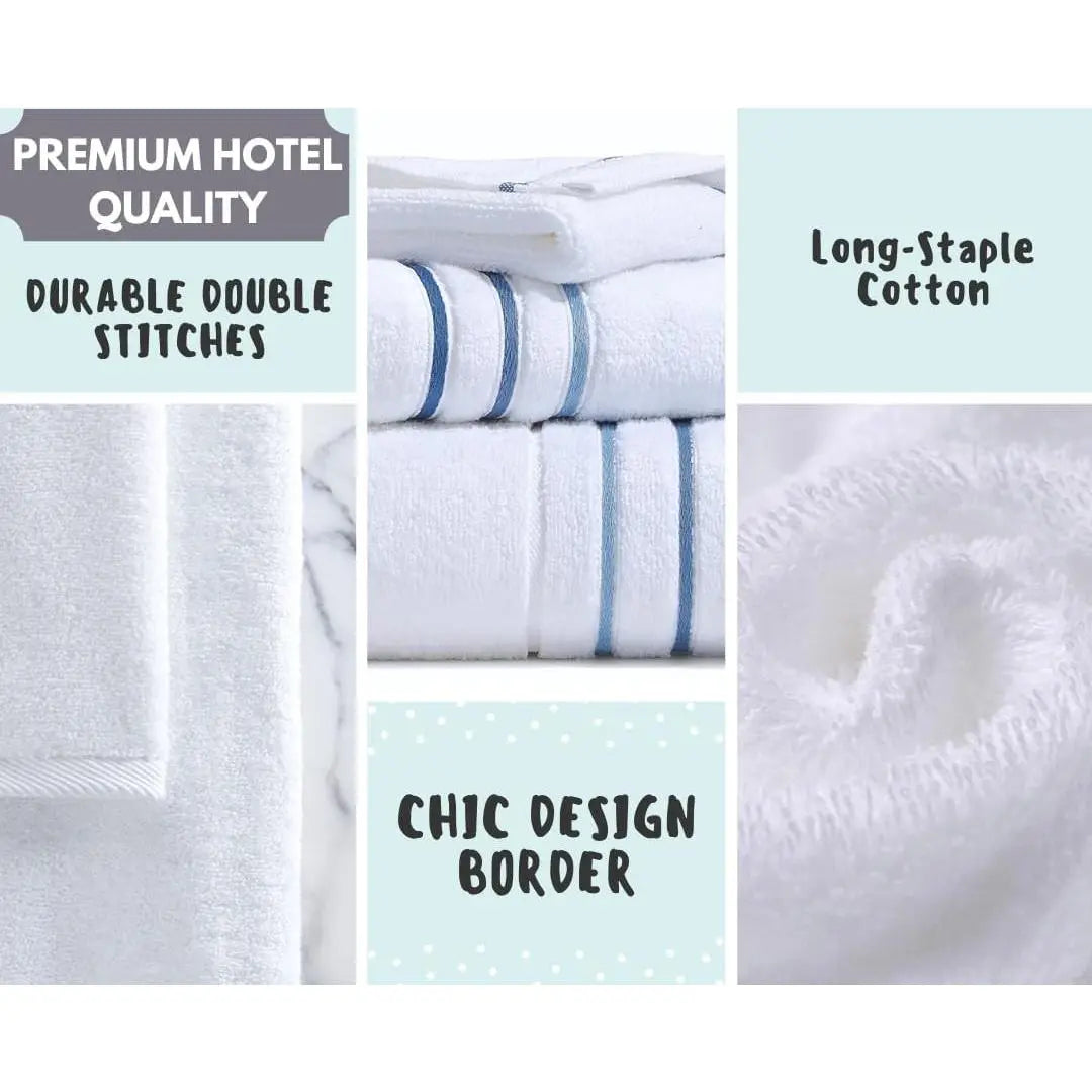 Bath Towels Set for Bathroom – Luxury 6-Piece Cotton Towels, Soft Absorbent & Quick Dry, 600 GSM Bath Towels for Bathroom, Hotel Spa Quality (White/Blue Azure, 6- Bath Towel Set)