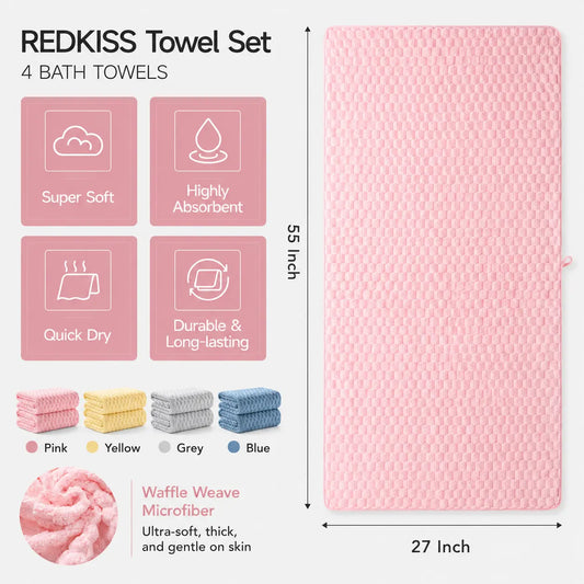 REDKISS 4-Pack 180g Microfiber Body Towels - Extra Large, Luxury Plush Waffle, Quick Drying Absorbent Multifunctional, Cold Wash Compatible for Bathroom, Spa