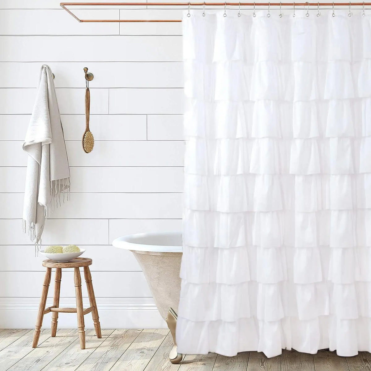 Ruffle Trim Shower Curtain, Soft Washable Polyester Cloth, Fabric Shower Curtain, Shower Curtains Washable, Water-repellent Shower Curtain, Bathroom Accessories, Home Decor Supplies, Waterproof Bathroom Curtain, Bathroom Decoration Accessories