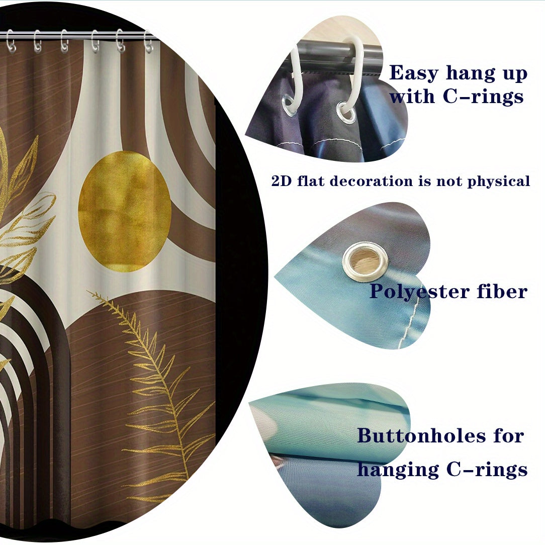 2D Flat, 2D Flat Banner Boho Mid Century Modern Shower Curtain Black and Brown Shower Curtains for Bathroom Decor Beige and Dark Tan Golden Leaves Abstract Bath Curtain Set, 70.8x70.8 Inch, 2D Flat