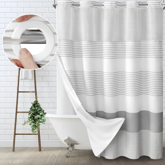 Striped Geometric Double-Layer No Hook Shower Curtain, Mesh Top Window, Hook-Free Design, Easy Installation, Farmhouse, Hotel, Modern Home Decoration, 72x75in