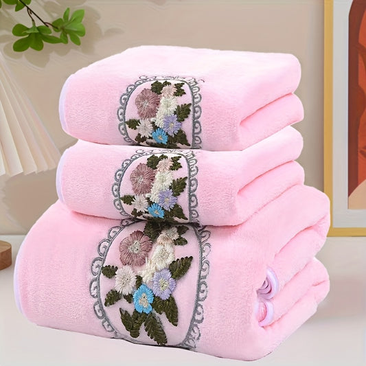3pcs Embroidered Flower Towel Set, 2 Towels and 1 Bath Towel, Soft Absorbent Household Bath Towel, Bathroom Bath Towel, Face Towel, Towel, Soft and Skin-friendly Suitable for Home Use, Bathing, Seaside Bath Towel.