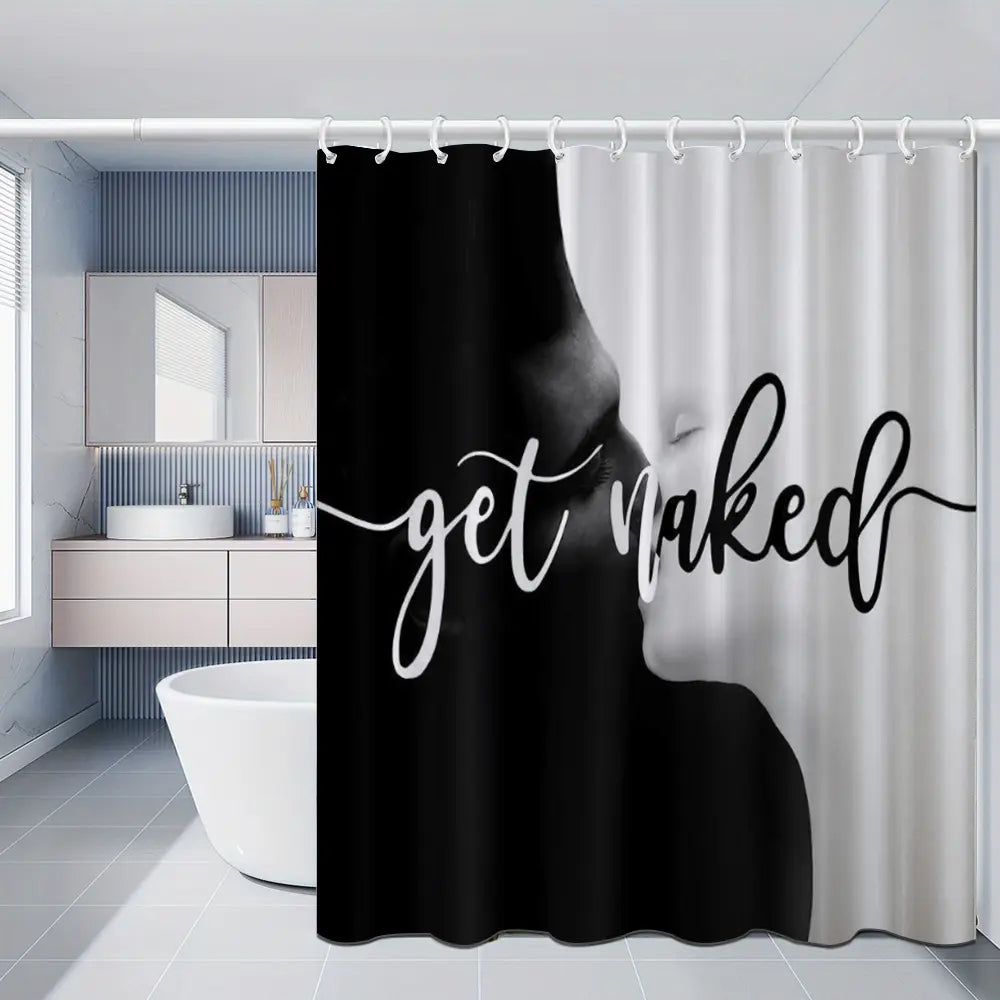 4pcs Leopard Print "Get Naked" Shower Curtain Set, Black Background Sassy Quote, The floor mat fabric is thicker and softer! Bold Trendy Bathroom Decor And Accessories, Curtain & Rugs Combo, Perfect for Festive Glam Vibe