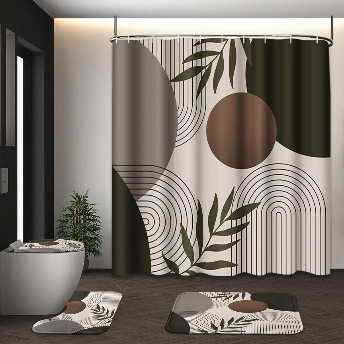 Boho Mid Century Shower Curtain Set with Toilet Lid Cover and Non-Slip Rugs, Abstract Geometric Modern Minimalist Shower Curtain for Bathroom Set with 12 Hooks