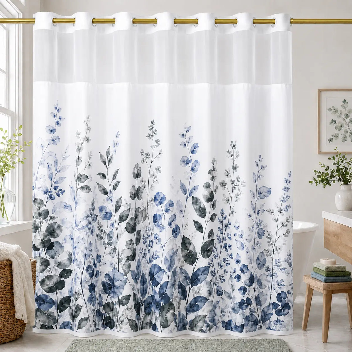 Hookless Shower Curtain with Snap-in Liner, Double Layer Floral Botanical Shower Curtain Set, Sheer Top Window, Waterproof & Washable Bathroom Curtain, 72 x 75 Inch