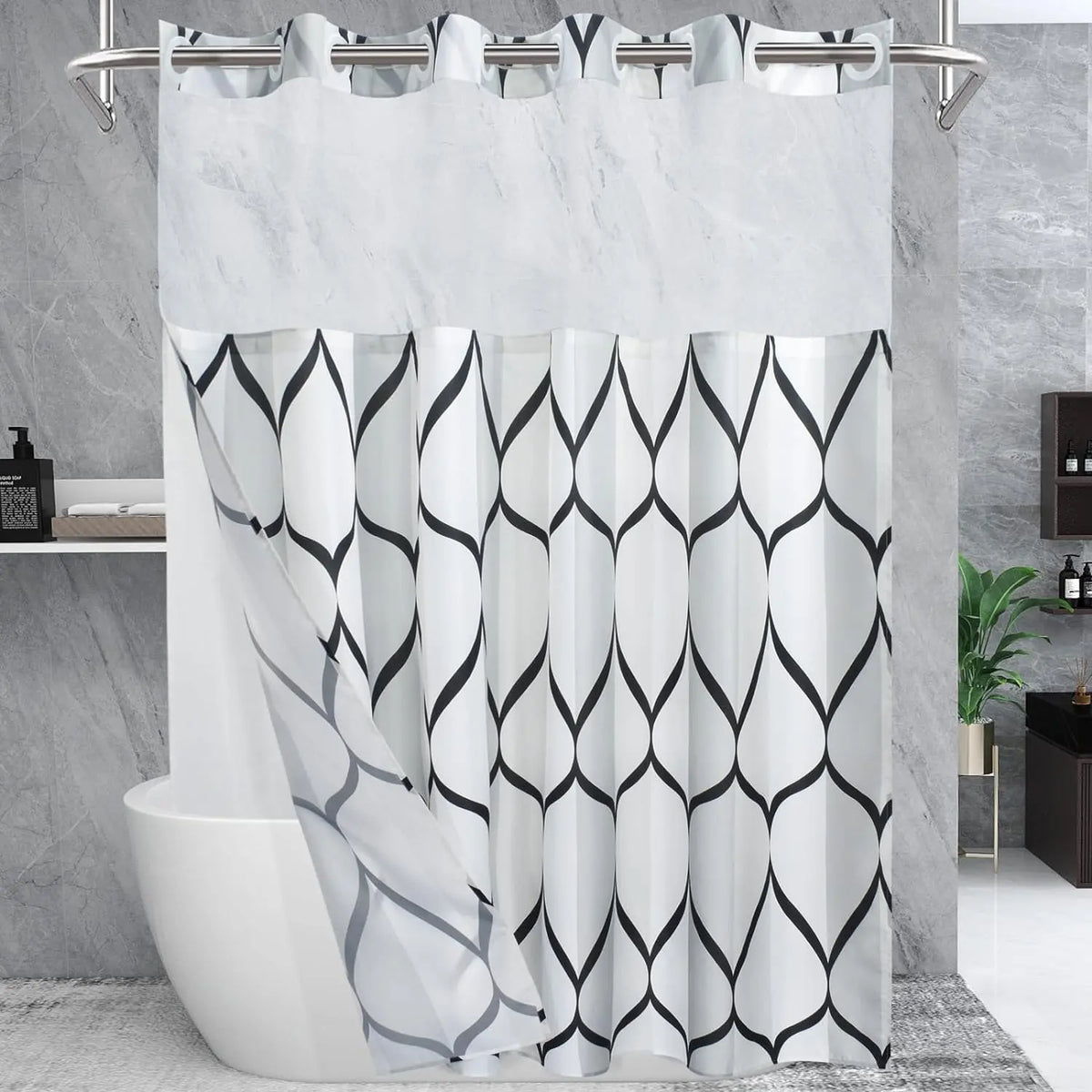 Double-Layer Waterproof Printed Machine Washable Shower Curtain, 1-Count Modern Geometric Bathroom Curtain with Removable Inner Lining, Shower Curtain Liner, Bathroom Decor Supplies, Home Goods, Bathroom Curtains Shower