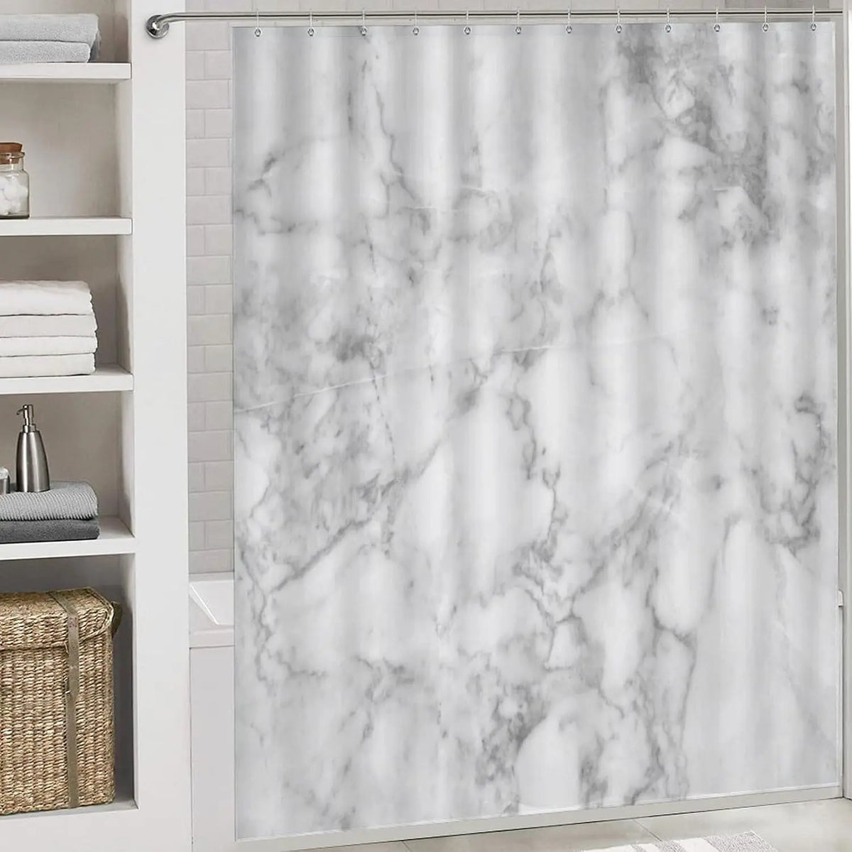 Marble Pattern Bathroom & Restroom Accessories, Shower Curtain Set For Bathroom, 4 Counts/set Including 1 Shower Curtain with 12 Hooks & 1 Toilet Lid Cover & 1 Rectangular Mat & 1 U-shaped Mat, Shower Curtain Sets