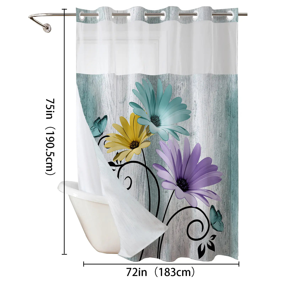 No hooks double-layer Daisy printed shower curtain, Waterproof fabric,Modern style home decoration, hotel, dormitory and bathroom accessories, 72x75in
