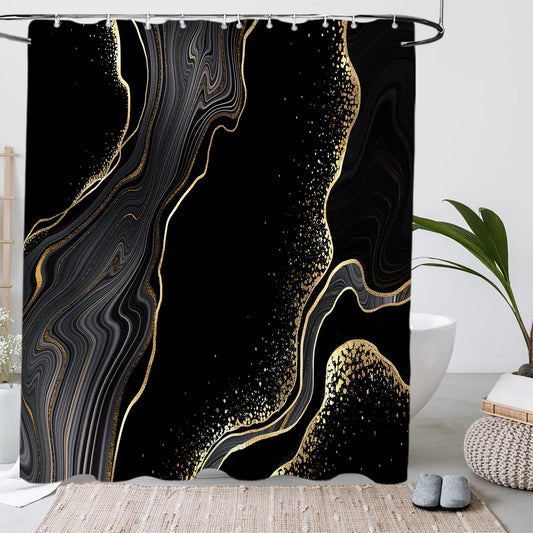 72"x72" Black Marble Polyester Shower Curtain 4-Piece Set - Glam, Water-Resistant, Gold Accents, Rugs, Toilet Lid Cover, Geometric Modern Bathroom Decor, Shower Curtains & Decoration Accessories