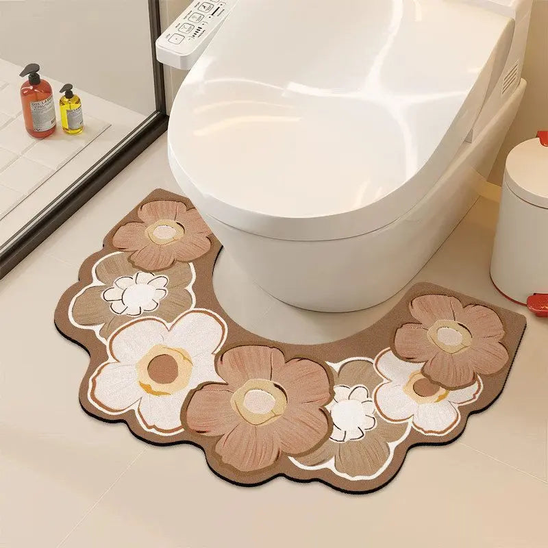 Floral U Shaped Toilet Mat, Diatomaceous Earth Bath Mat for Bathroom, Quick Dry Absorbent Floor Rug with Non Slip Backing, Decorative Toilet Floor Mat