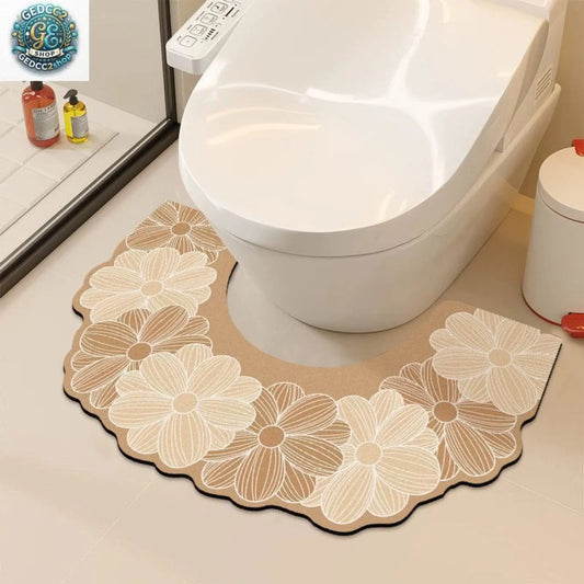 Floral U Shaped Toilet Mat, Diatomaceous Earth Bath Mat for Bathroom, Quick Dry Absorbent Floor Rug with Non Slip Backing, Decorative Toilet Floor Mat