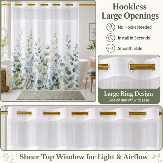 Hookless Shower Curtain with Snap-in Liner, Double Layer Floral Botanical Shower Curtain Set, Sheer Top Window, Waterproof & Washable Bathroom Curtain, 72 x 75 Inch