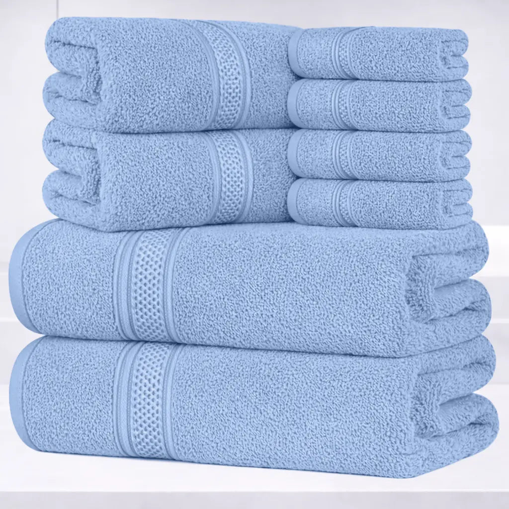 Hurbane Home Unisex Plain 8-Count 100% Pure Cotton Set - 2 Bath Towels, 2 Hand Towels, 4 Washcloths, Super Soft, Water Absorbent, Pouch Pack for Bathroom Home Use