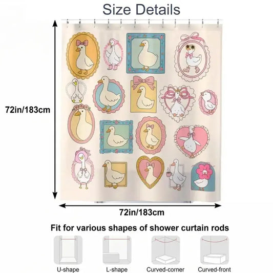 Cartoon Goose-Themed Printed Shower Curtain Cute, Decorative for Girls - Hook-Type, Geometric, Illustrated Bathroom Decor, Whimsical Girl Dorm Supply, Unique Housewarming Gift with Coquette Stamp Frame Design