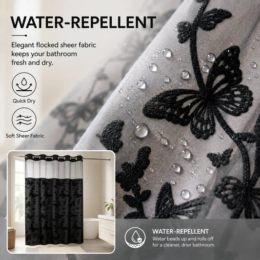 Hook-Free Double-Layer Butterfly Flocked Shower Curtain with Mesh Top Window | No-Drill Installation | Easy Setup for Airbnb, Hotel & Modern Home Décor | 71 × 74 in