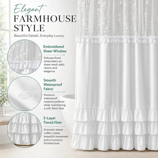 Elegant Hookless Ruffle Shower Curtain,Dual Removable Waterproof Layers with Embroidered Sheer Top, Snap-On Washable Bathroom Curtain 71*74inhch