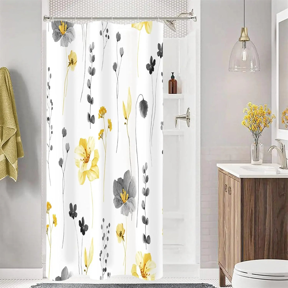 Modern Sage Green and Beige Floral Shower Curtain with Included Hooks