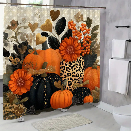 72x72in Rustic Geometric Pumpkin-Leaf-Berry & Star Printed Autumn Harvest Shower Curtain with 12 Hooks, Orange-Black-Golden Fall Colors, Machine Washable, Farmhouse Bathroom Window Drapes for Thanksgiving Decor, 72*72In