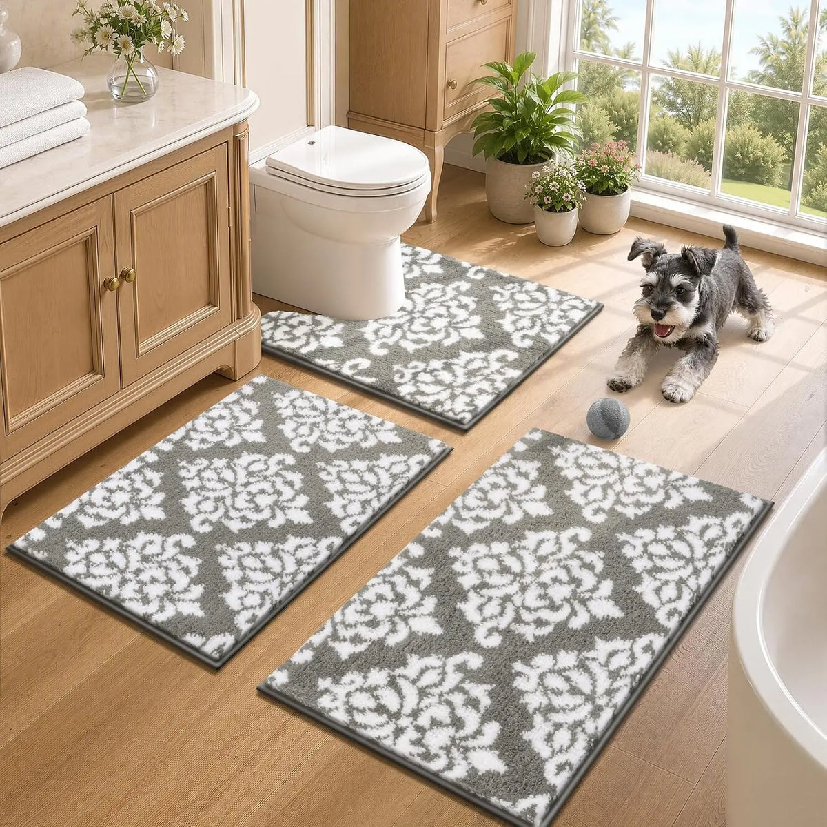 LOKHOM Bathroom Rug Sets, Non Slip, Absorbent Microfiber, Soft Farmhouse Bathroom Rug, Includes U-Shaped Toilet Mat, Shower, Machine Washable Home Goods Grey rug Cozy Bath Mat summerwins,back to school,dorm essentials,home decor,home essentials