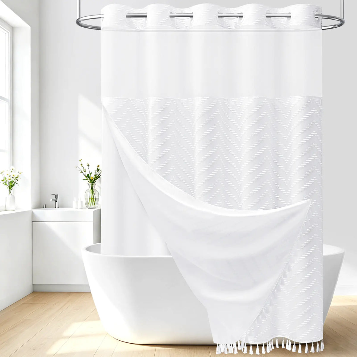 DYNAMENE 3-in-1 Hook-Free Boho Tufted Chevron Striped Shower Curtain Set, Snap-In Magnetic Waterproof Liner, Modern Textured Design, Sheer Light View Window - Hook-Free Setup Saves Bathroom Time, Waterproof Liner Helps Keep Walls Dry