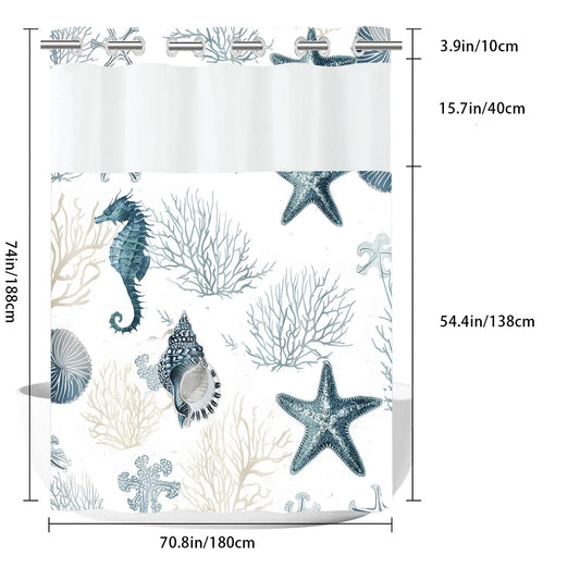 LVRLVR 1pc Coastal Ocean Print Beach Shower Curtain with Sheer Top Window, Detachable Liner & No Hook C-Ring, 70.8" x 74"
