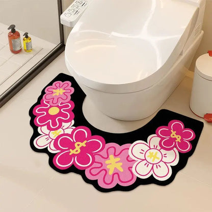 Floral U Shaped Toilet Mat, Diatomaceous Earth Bath Mat for Bathroom, Quick Dry Absorbent Floor Rug with Non Slip Backing, Decorative Toilet Floor Mat
