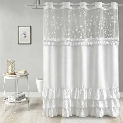 Elegant Hookless Ruffle Shower Curtain，Dual Removable Waterproof Layers with Embroidered Sheer Top, Snap-On Washable Bathroom Curtain 71*74inhch
