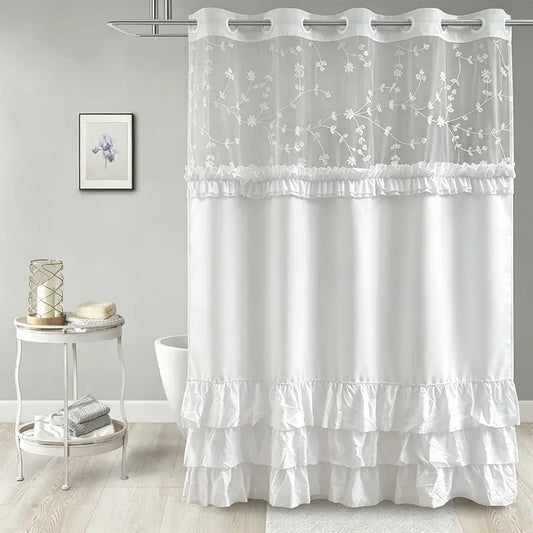 Elegant Hookless Ruffle Shower Curtain，Dual Removable Waterproof Layers with Embroidered Sheer Top, Snap-On Washable Bathroom Curtain 71*74inhch