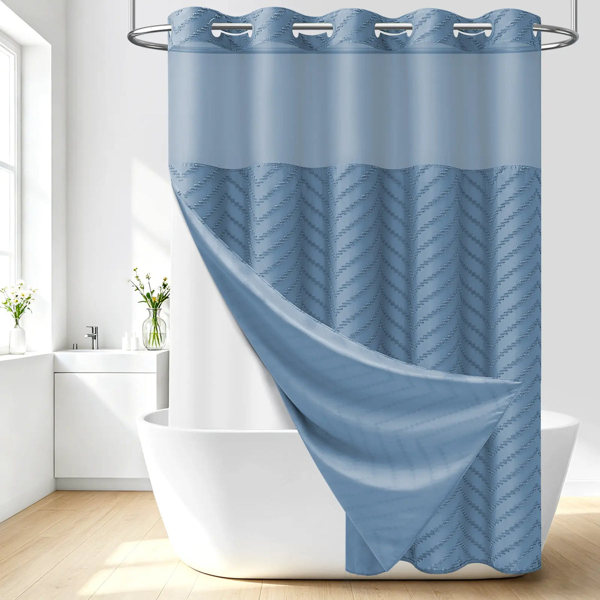 DYNAMENE 3-in-1 Hook-Free Boho Tufted Chevron Striped Shower Curtain Set, Snap-In Magnetic Waterproof Liner, Modern Textured Design, Sheer Light View Window - Hook-Free Setup Saves Bathroom Time, Waterproof Liner Helps Keep Walls Dry