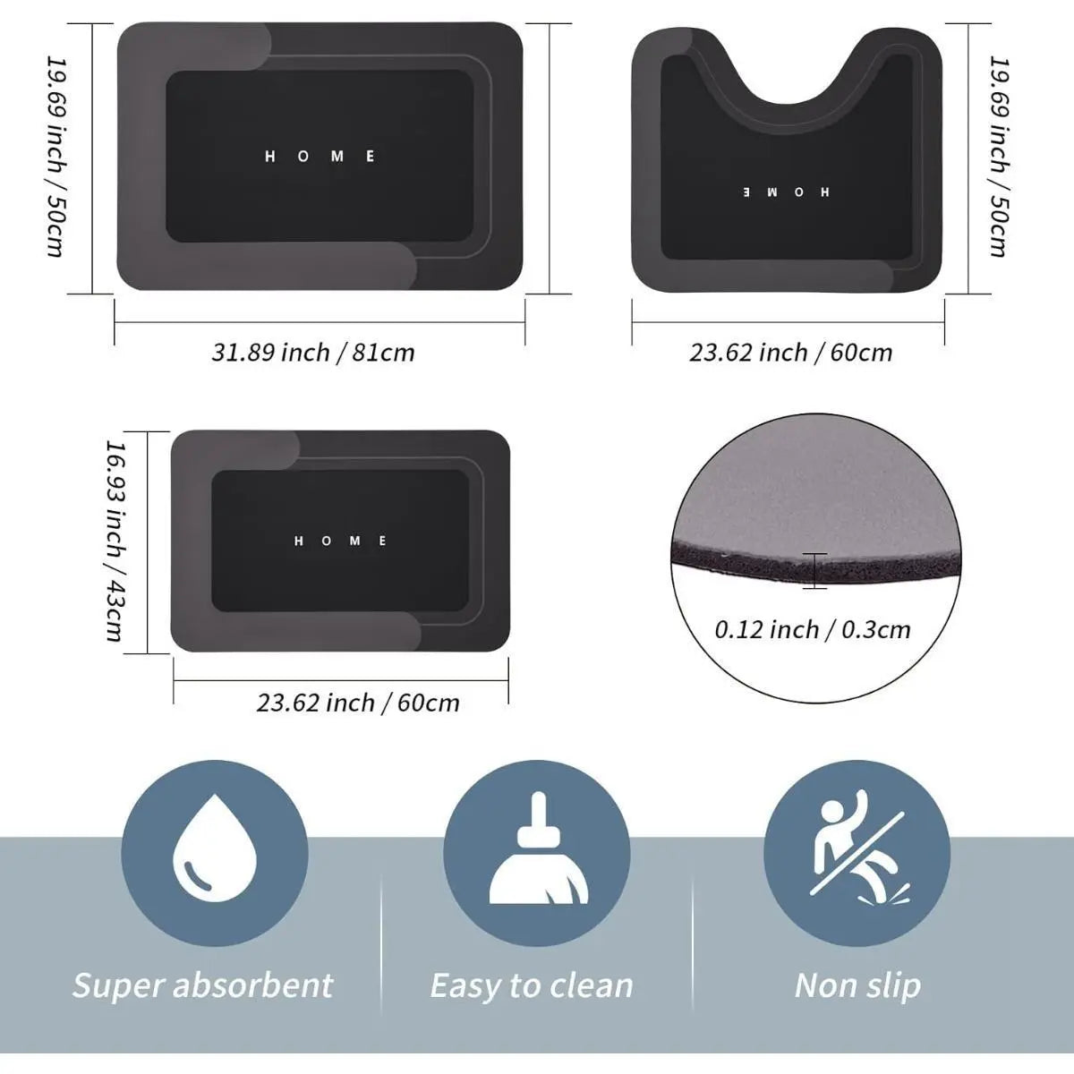 3PCS Multi-Size Modern Bathroom Rug Sets - Nonslip Diatomite-TRP Rectangle Anti-Slip Border Combo Set Bath Mats with Rubber Backing, Durable, Water-Absorbent, Quick-Dry for Indoor Bathroom Home Supplies