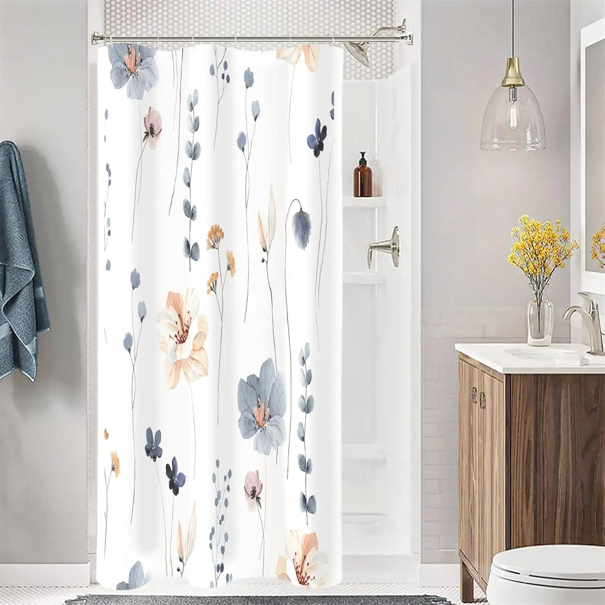 Modern Sage Green and Beige Floral Shower Curtain with Included Hooks