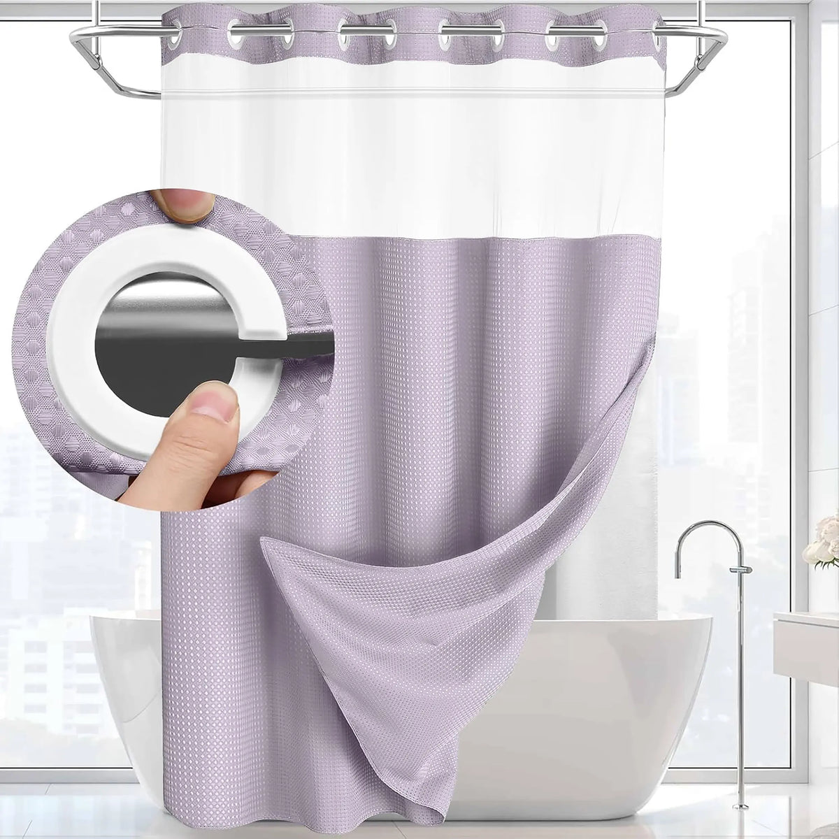 Hookless Shower Curtain and Liner Set - Snap-In Hooks, Plastic Fast-Dry Fabric, Waffle Pattern, Waterproof, Mildew-Blocking, Modern Aesthetic Home Bathroom Accessory