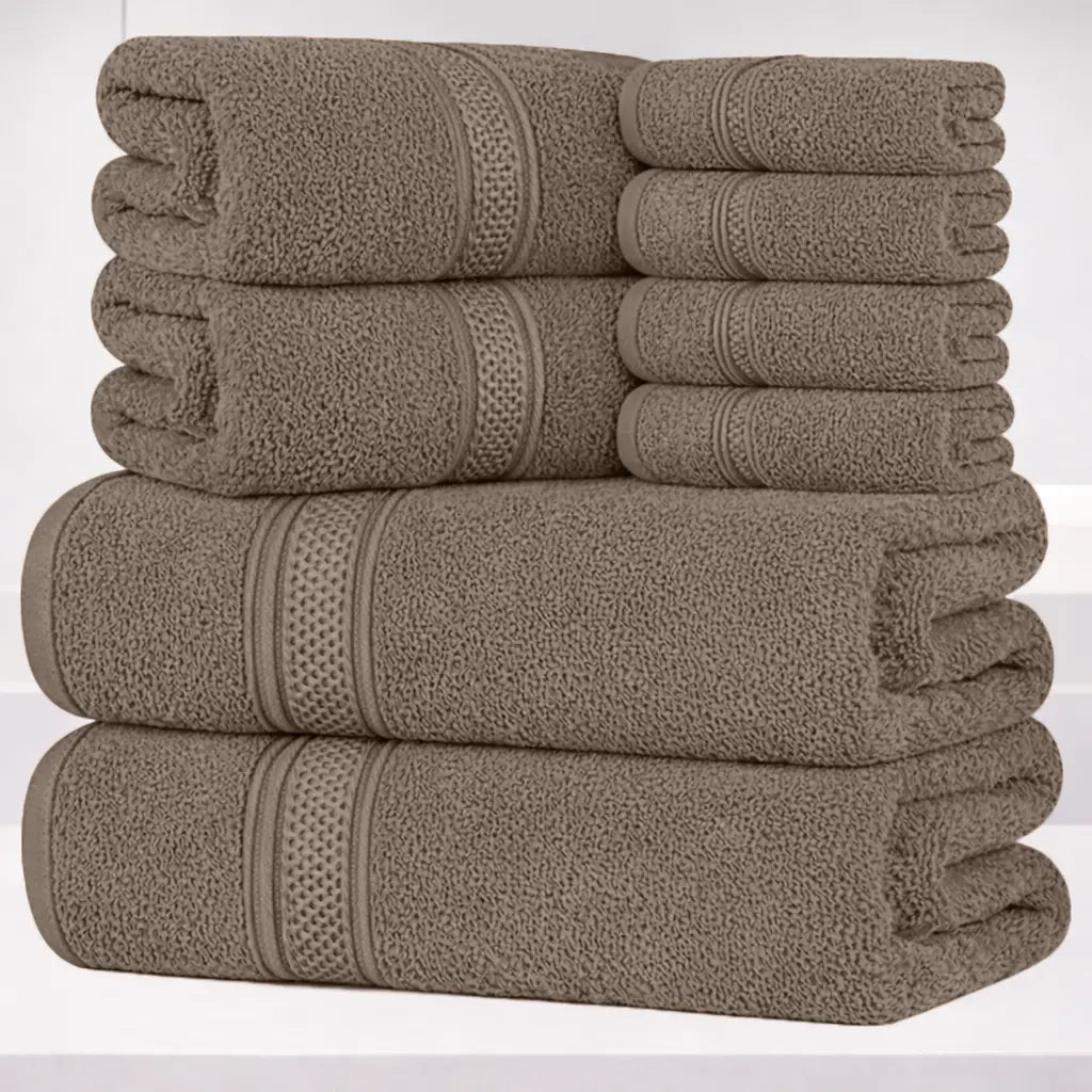 Hurbane Home Unisex Plain 8-Count 100% Pure Cotton Set - 2 Bath Towels, 2 Hand Towels, 4 Washcloths, Super Soft, Water Absorbent, Pouch Pack for Bathroom Home Use