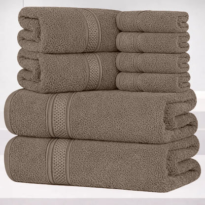 Hurbane Home Unisex Plain 8-Count 100% Pure Cotton Set - 2 Bath Towels, 2 Hand Towels, 4 Washcloths, Super Soft, Water Absorbent, Pouch Pack for Bathroom Home Use