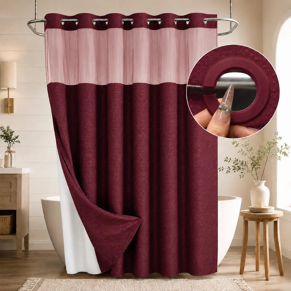 Double Layer Waffle-Pattern Shower Curtain - No Hook Snap-in Liner,  Waterproof Inner & Washable White Outer Cloth, Modern Bathroom Accessory for Home/Hotel/Salon/Dorm, 72x75 Inch