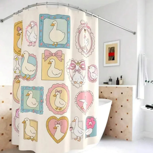 Cartoon Goose-Themed Printed Shower Curtain Cute, Decorative for Girls - Hook-Type, Geometric, Illustrated Bathroom Decor, Whimsical Girl Dorm Supply, Unique Housewarming Gift with Coquette Stamp Frame Design