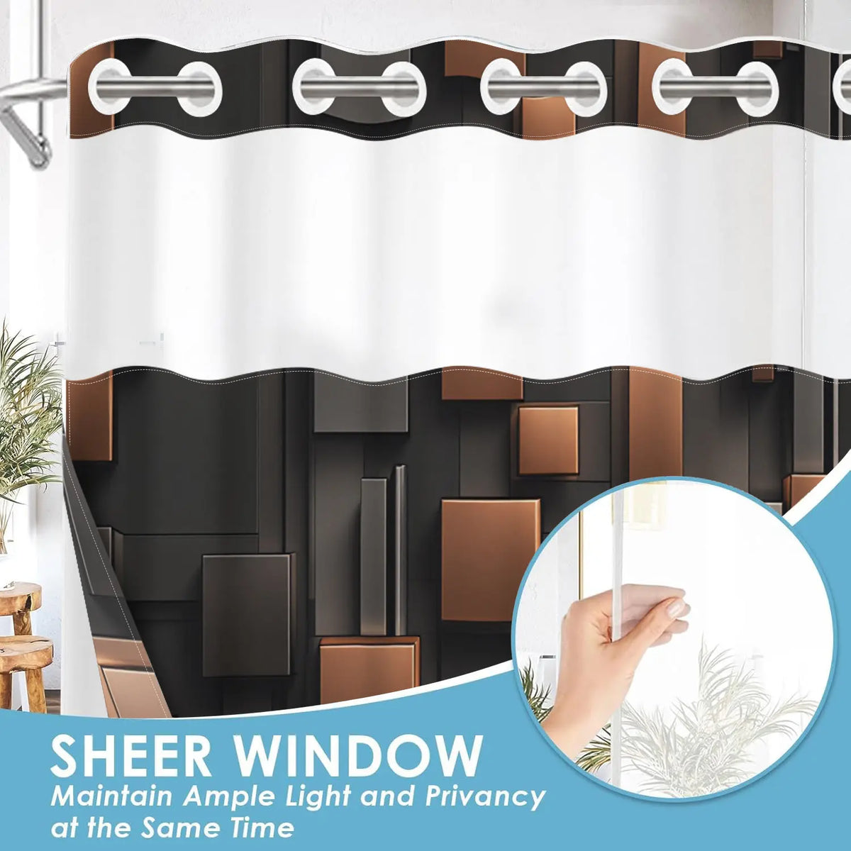 1Pc Hookless Double Layer Shower Curtain, With Removable Snap-in Liner, Black Brown 3D Geometric Block Print, Modern Luxury Bathroom Decor Curtain, Water Repellent Washable Fabric, with Top See-Through Window