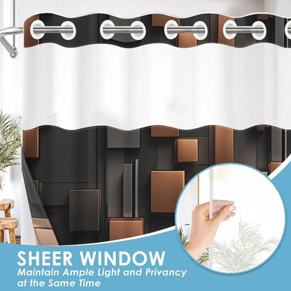 1Pc Hookless Double Layer Shower Curtain, With Removable Snap-in Liner, Black Brown 3D Geometric Block Print, Modern Luxury Bathroom Decor Curtain, Water Repellent Washable Fabric, with Top See-Through Window