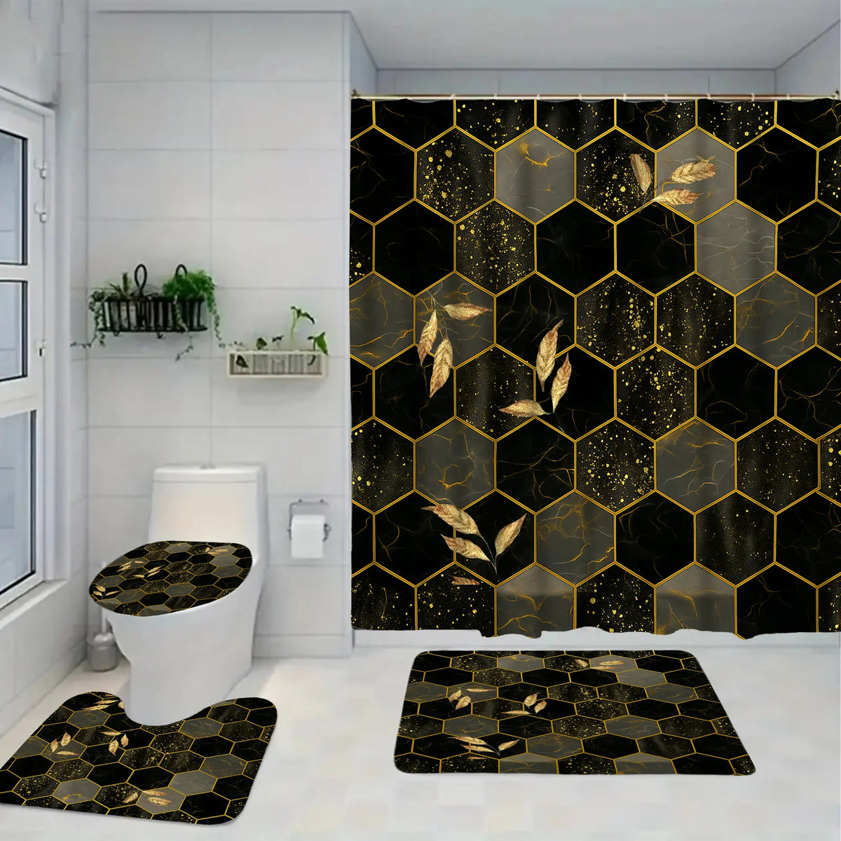 Geometric Hexagonal Black-Gold Pattern Bathroom Decor Set - Waterproof Shower Curtain with 12 Hooks, Non-Slip Bathroom Carpet, U-Shaped Toilet Cushion, Toilet Seat Cover, Ideal Moving Gift