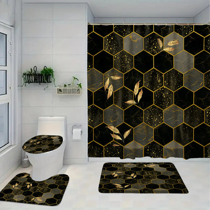 Geometric Hexagonal Black-Gold Pattern Bathroom Decor Set - Waterproof Shower Curtain with 12 Hooks, Non-Slip Bathroom Carpet, U-Shaped Toilet Cushion, Toilet Seat Cover, Ideal Moving Gift