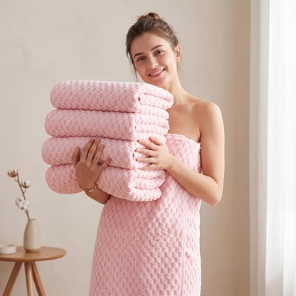 5pcs Coral Fleece Bath Towel Set, 4 Soft Absorbent Bath Towels 27" X 55" with Hair Drying Cap, Quick Dry Plush Towels with Hanging Loop for Bathroom, Shower, Home