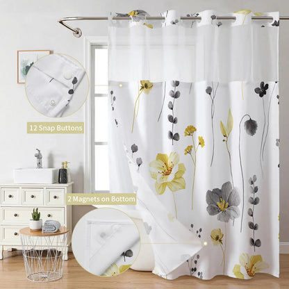 Ink and wash Floral double-layer shower curtain, no hooks, fresh country style home decoration, bathroom accessories, 72x75in