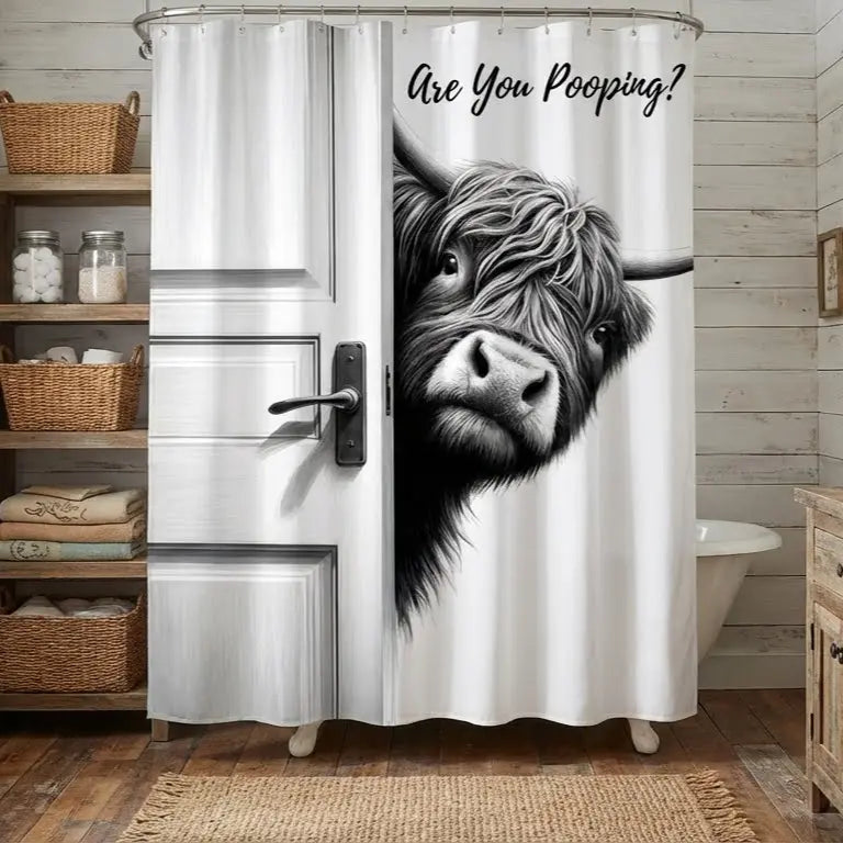 Funny Highland Cow Bathroom Decor Are You Pooping Whimsical Style Stainless Waterproof Shower Curtain for Humorous Home and Gifts Waterproof Fabric Twelve Hook Easy Installation
