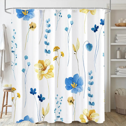 Modern Sage Green and Beige Floral Shower Curtain with Included Hooks