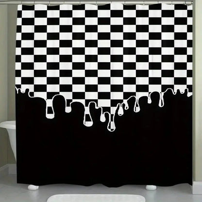 1pc black and white checkered drip pattern waterproof Decorative shower curtain, Bathroom Curtains Shower, bathroom decoration, partition, durable polyester material, easy to clean, machine washable, multiple sizes available, free hook