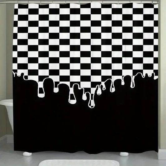 1pc black and white checkered drip pattern waterproof Decorative shower curtain, Bathroom Curtains Shower, bathroom decoration, partition, durable polyester material, easy to clean, machine washable, multiple sizes available, free hook