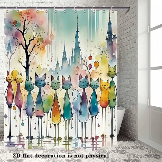 [Abstract Cat Shower Curtain] Modern Abstract Cat Bathroom Shower Curtain | Colorful Watercolor Painting Style Decorative Hanging Curtain with 12 Hooks | Bathroom Decoration for All Seasons