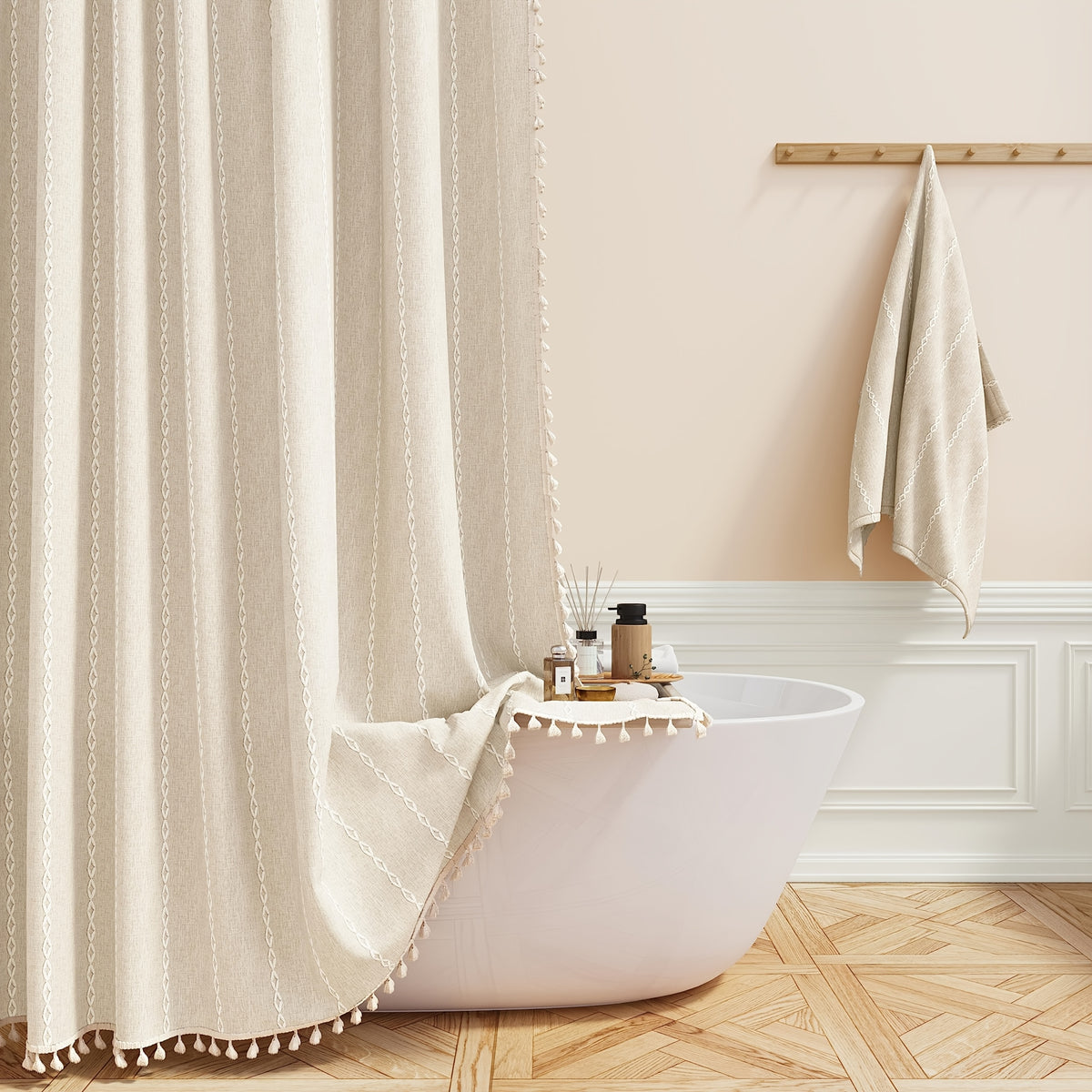 1pc Striped Polyester Shower Curtain, 72" x 72", Bohemian Style Vertical Stripe Texture with White Hooks Included