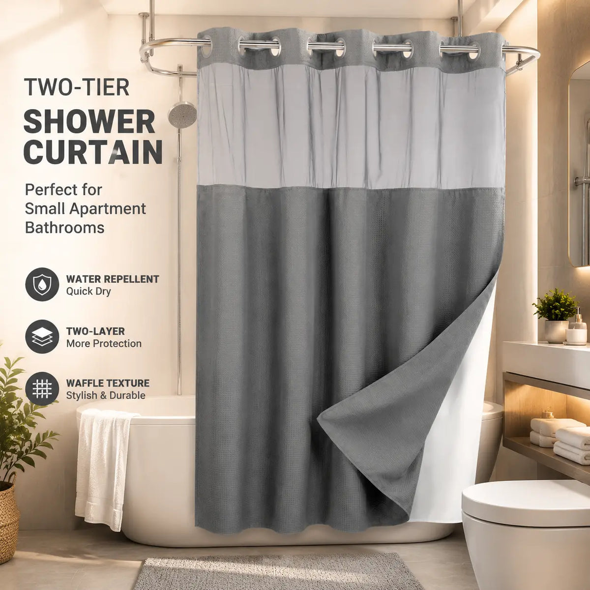 Waterproof Double-Layer Shower Curtain Set - Removable Inner Liner, Translucent Mesh Top for Natural Light & Privacy, Easy Installation, Practical for Bathroom Window & Renovation (Hooks Not Included), Water Proof, Shower Curtains