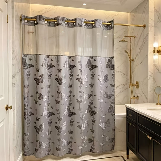 YRZTRK Blue Flocked Butterfly Shower Curtain with Mesh Top Window - No Hook Design Suitable for Bath, Double-Layer Flocked Bathroom Curtain, Machine Washable Window Panel for, Modern Farmhouse Decor for Bathtub Enclosure